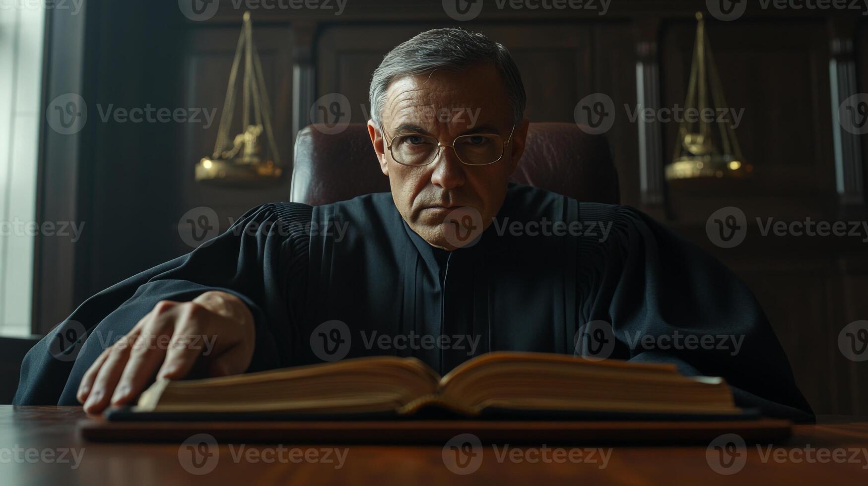 Judge in Black Robe Reading a Book in a Courtroom photo