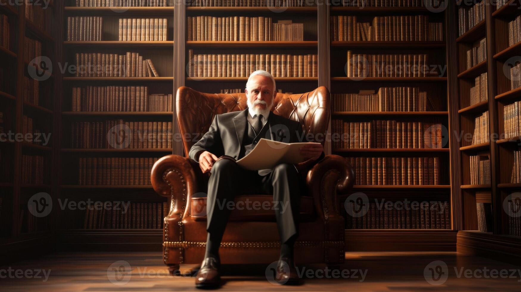 Elderly Man Reading in a Leather Chair Surrounded by Bookshelves photo