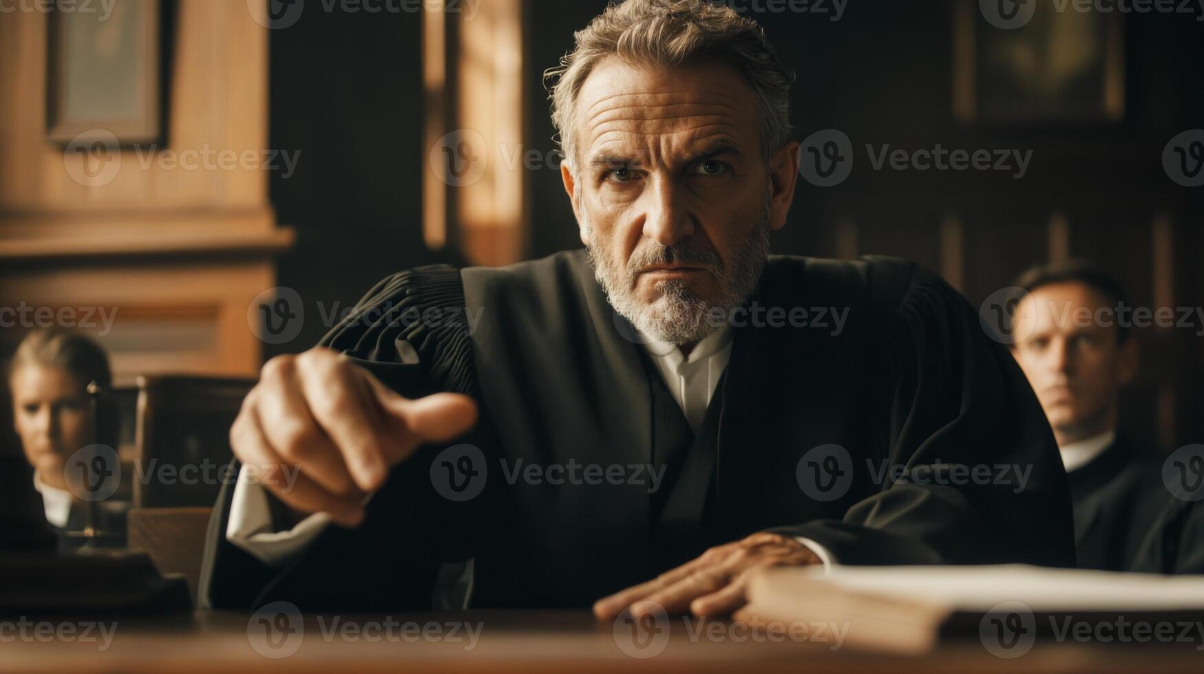 Serious-faced judge in black robe points at the viewer in a courtroom setting. photo