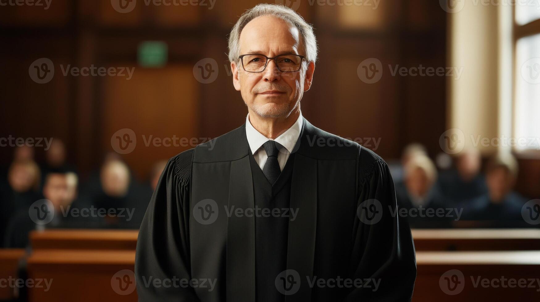A Male Judge in a Black Robe Standing in a Courtroom photo