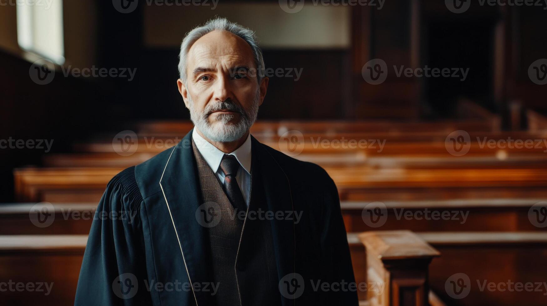 Portrait of a Man in a Courtroom, Dressed in a Black Robe and Tie photo