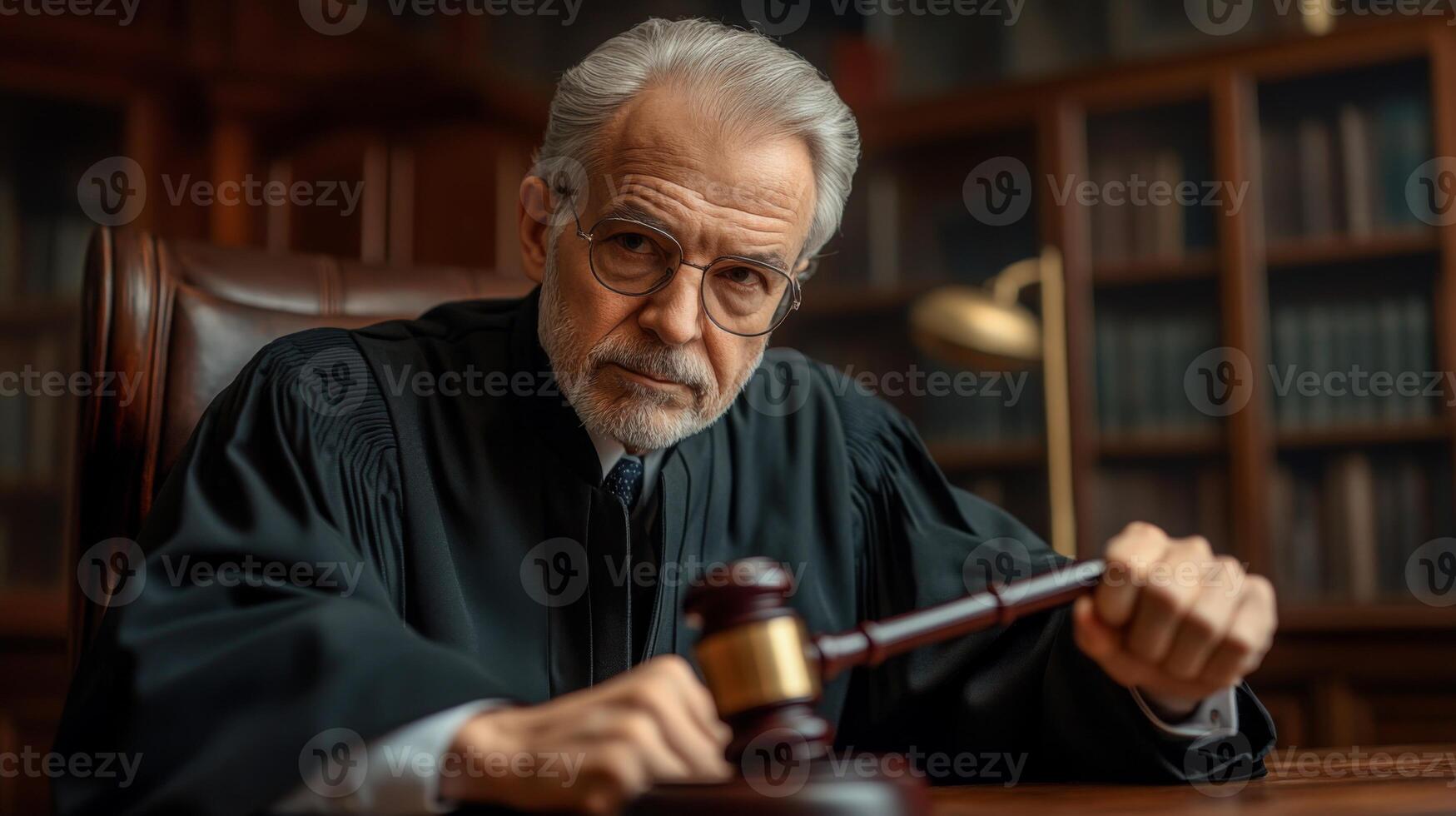 A Judge In Black Robes Holds a Gavel and Looks at the Camera photo