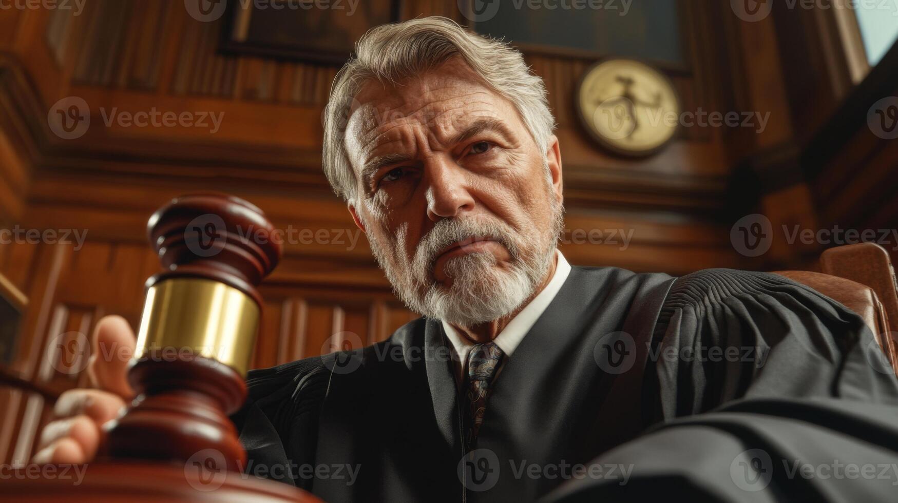 A Serious Judge in a Courtroom with a Gavel photo