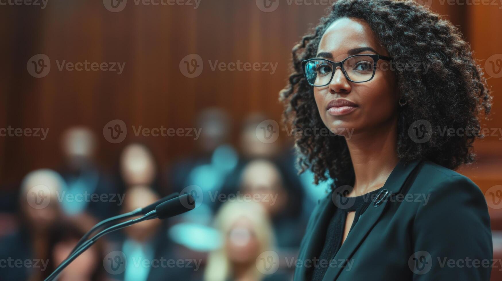 A woman in a black blazer and glasses looks to the side while speaking at a podium. photo