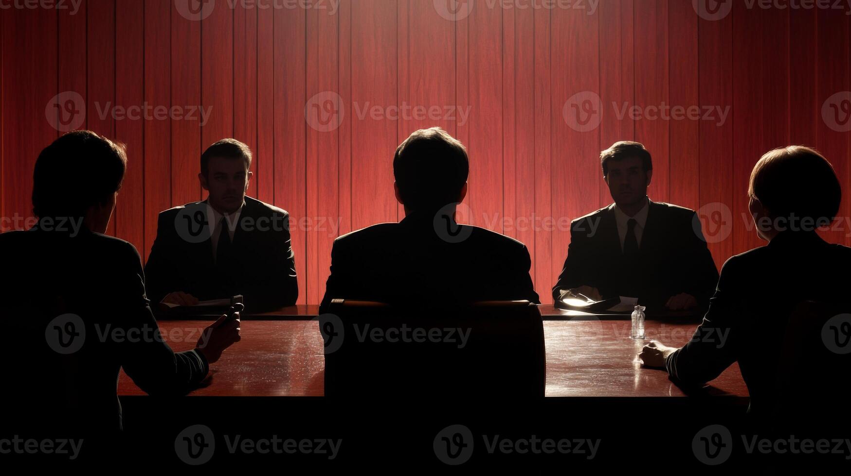 Silhouetted figures in a meeting, seated around a table in a dimly lit room photo