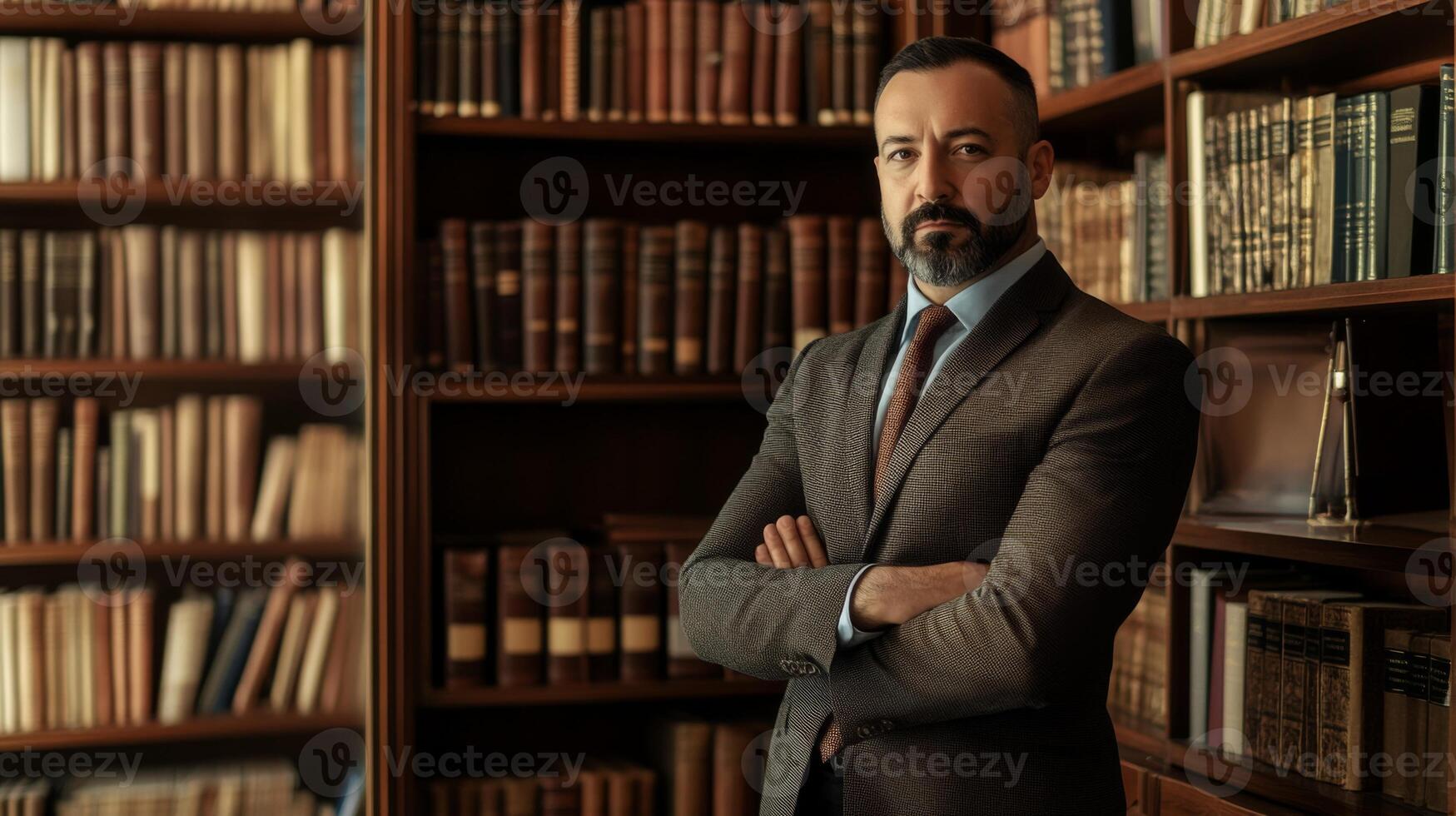 A Man in a Suit Stands Confidently in Front of a Bookshelf photo