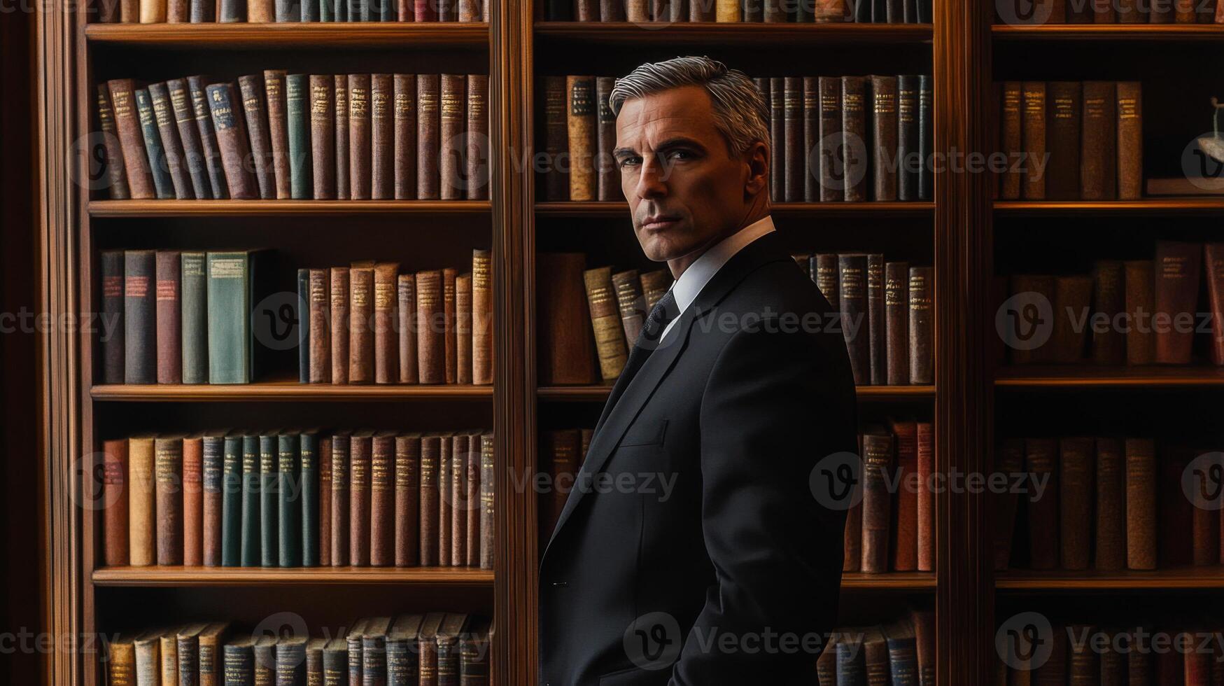 A man in a suit stands before a bookshelf filled with antique books photo