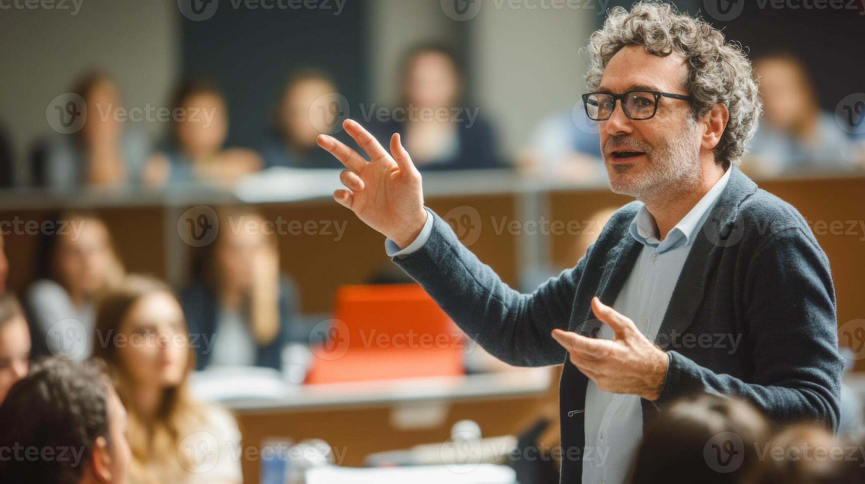 Middle-aged man in glasses giving a presentation to a blurred audience. photo