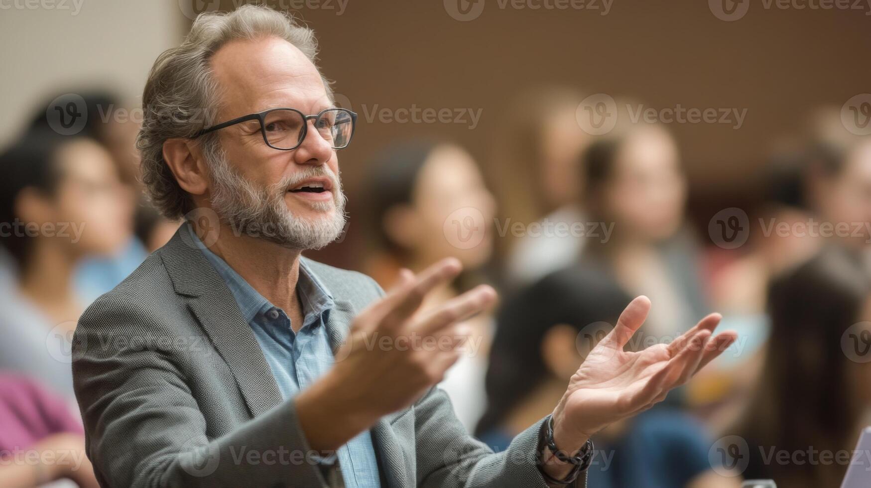 A Man in a Grey Suit with Glasses Gesturing with His Hands While Speaking photo