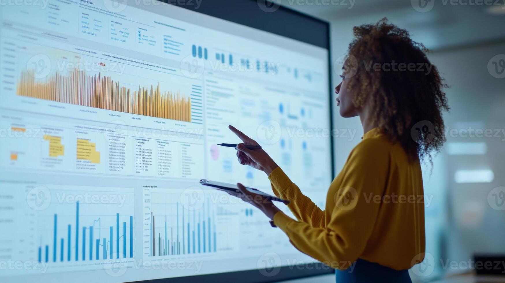 Businesswoman presenting data analysis on a large screen photo