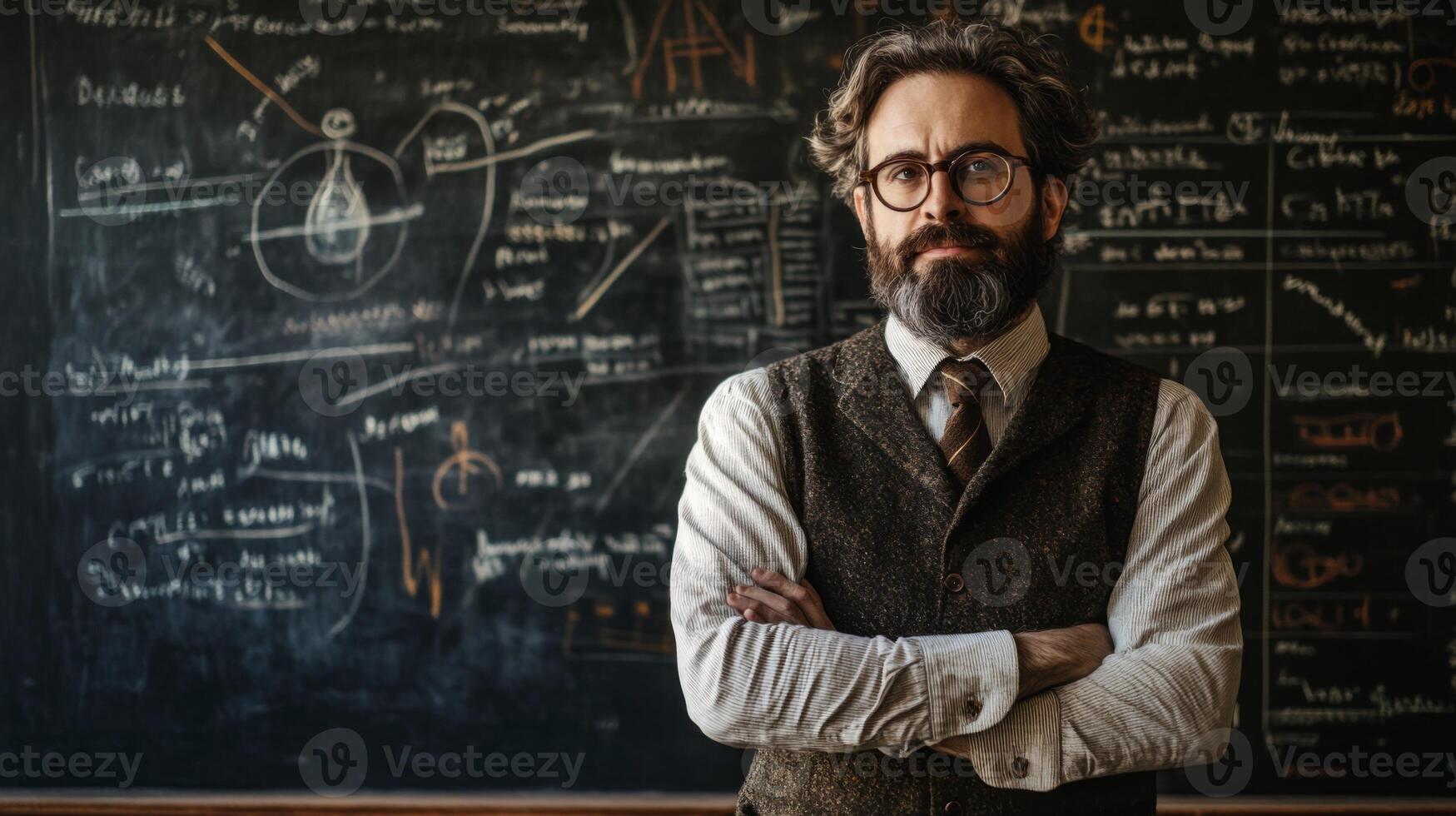 A Man Standing in Front of a Chalkboard Covered in Notes photo