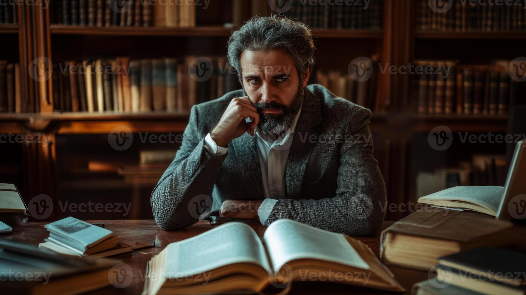A man with a beard sits at a table in a library, reading a book, surrounded by other books photo