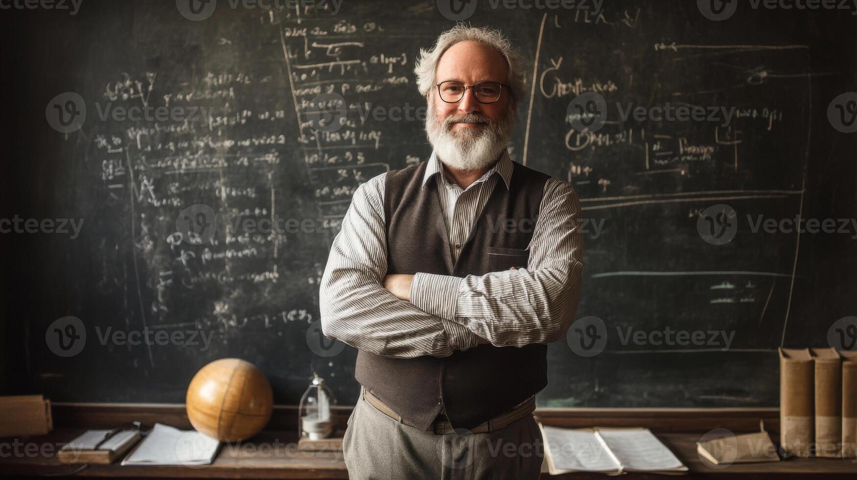 Elderly Professor Standing Before a Chalkboard with Equations photo