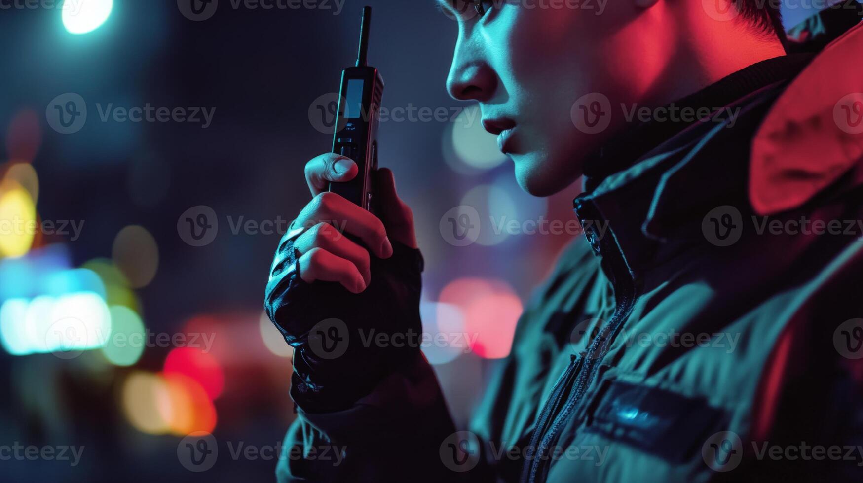 A Person Using a Two-Way Radio in a Neon-Lit Urban Setting photo