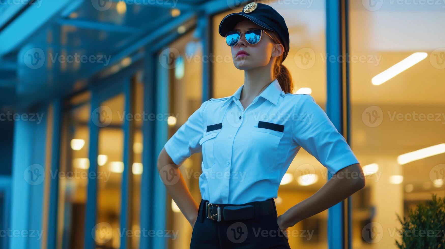 Young Woman in Security Uniform Standing Outside a Building photo