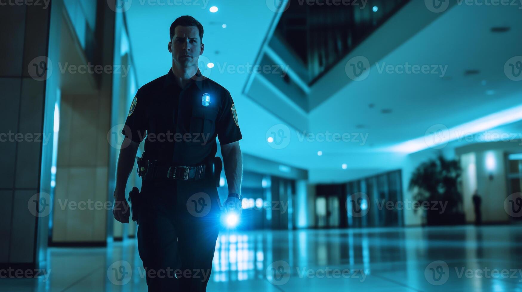 Police Officer with Flashlight in a Blue-Lit Hallway photo