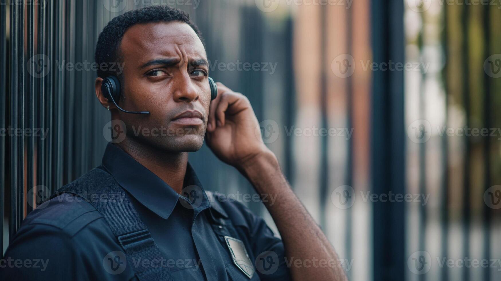 A young black man wearing a security guard uniform and headset photo