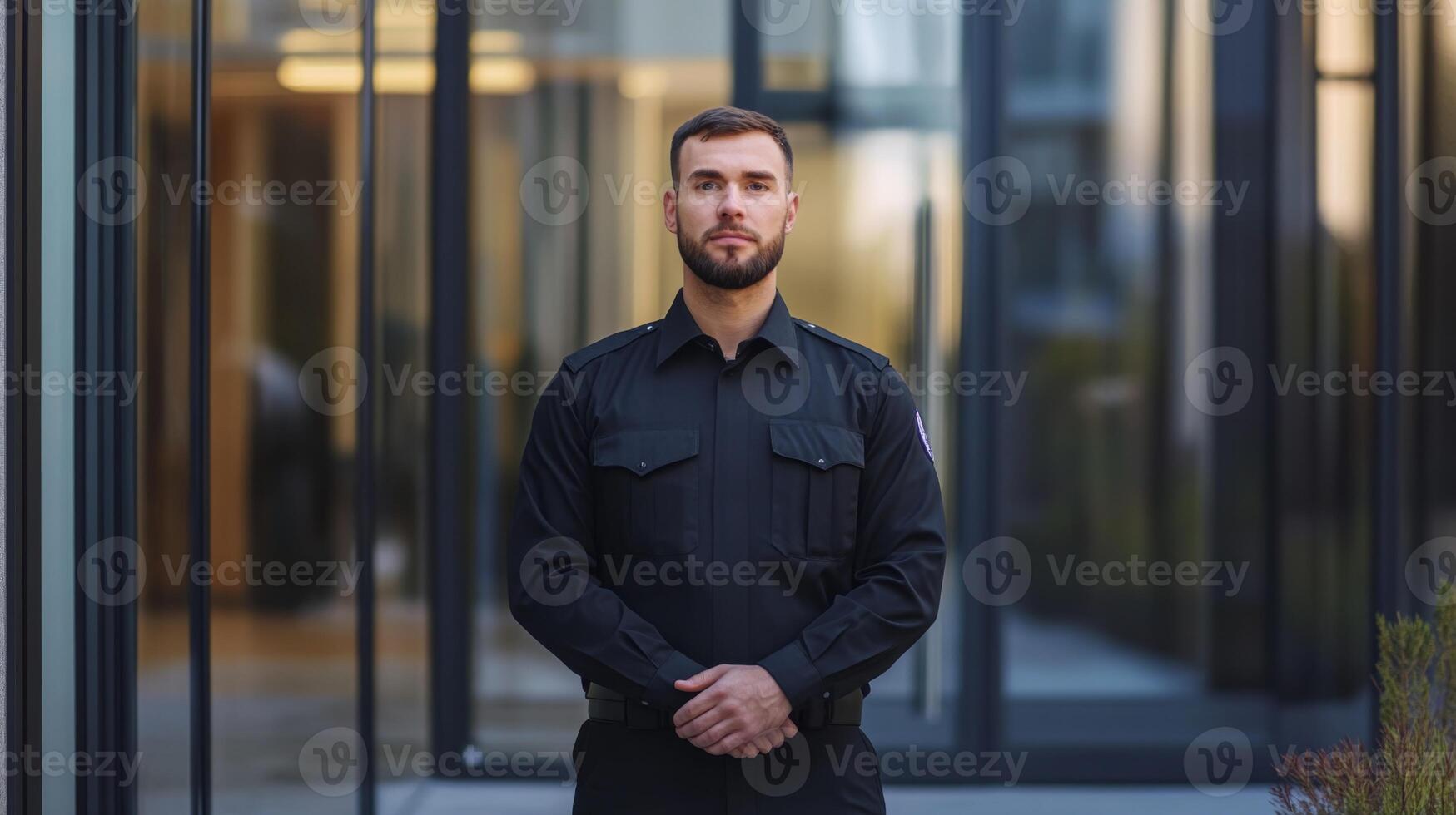 A Security Guard in a Black Uniform Standing in Front of a Glass Building photo