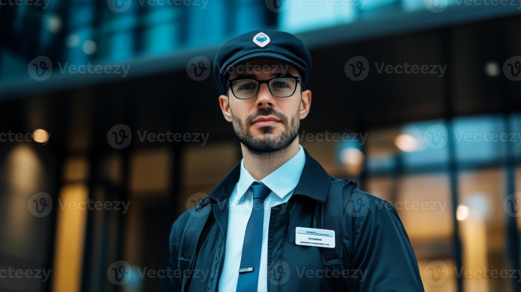 A man in a black suit and a cap, wearing glasses, standing outside a building. photo
