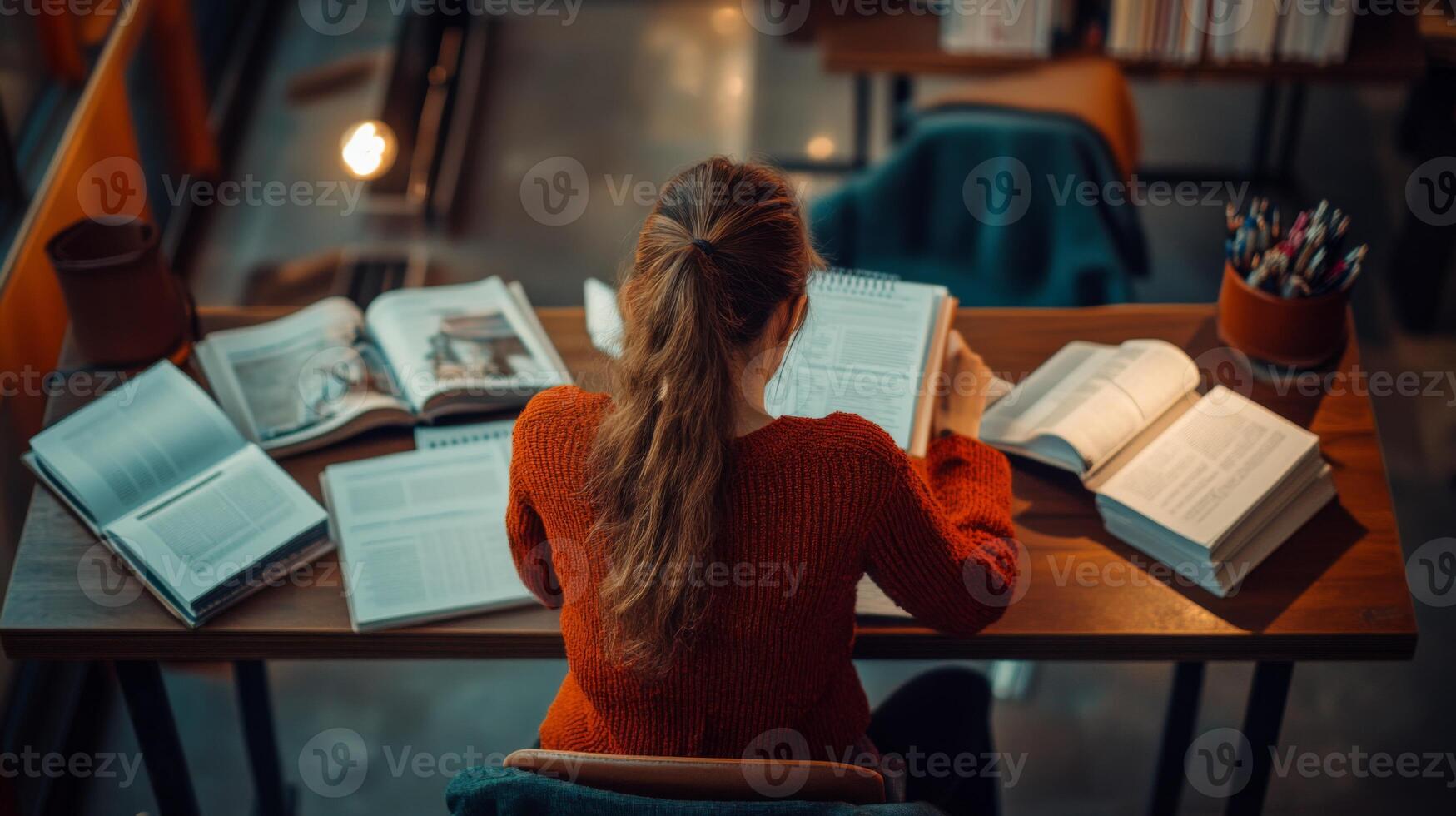 Rear View of a Woman Studying at a Desk with Open Books photo
