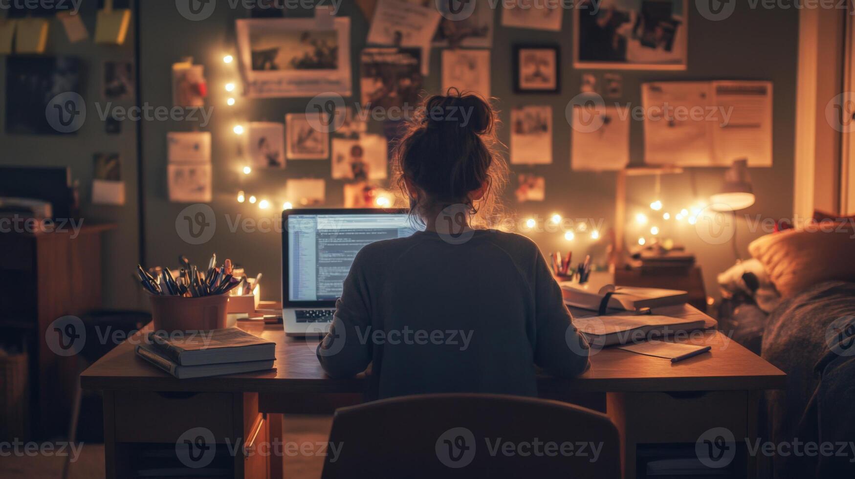 A Woman Studying Late at Night in a Dorm Room photo