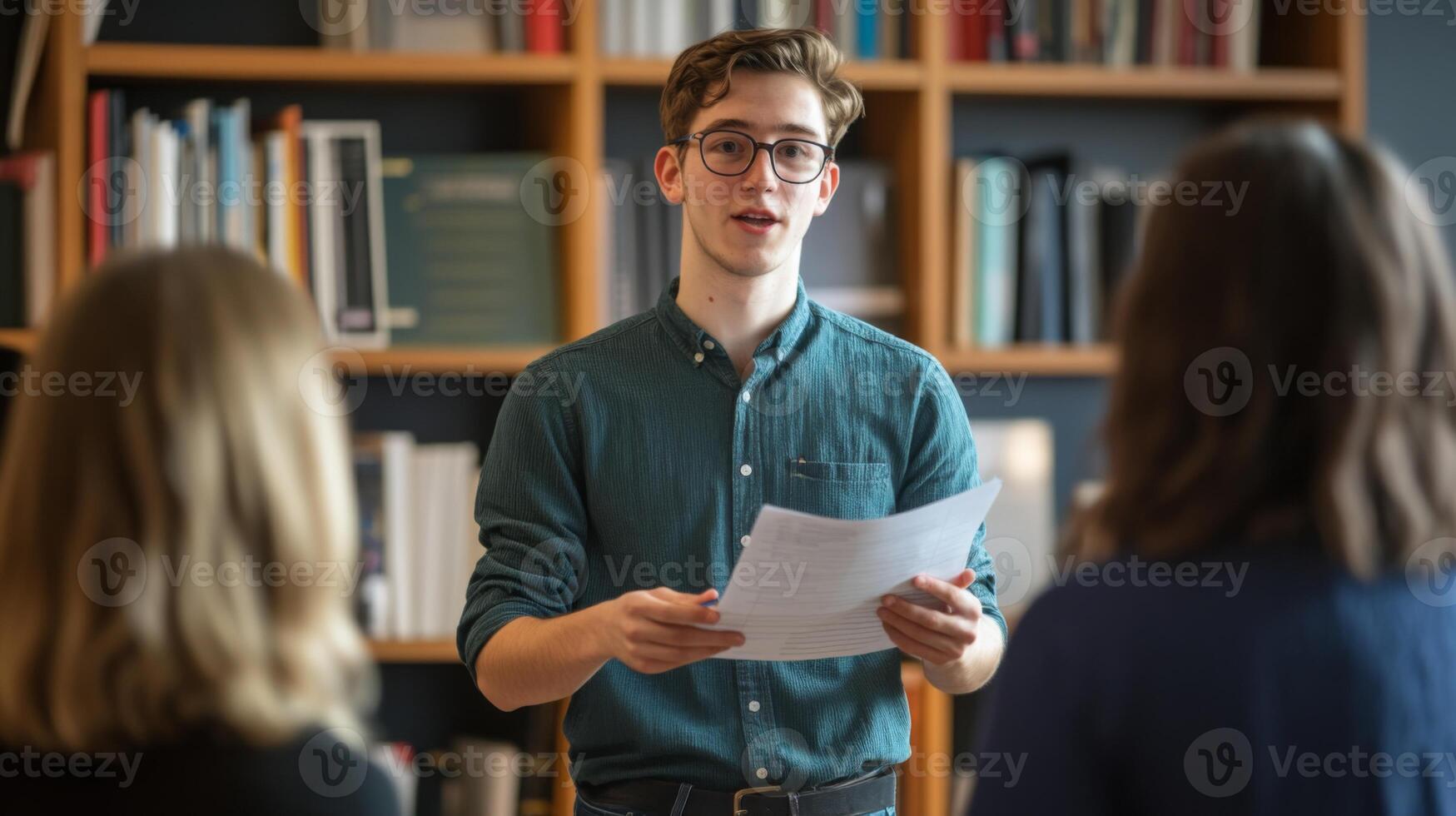 Young man in a green shirt presenting in front of a bookshelf photo