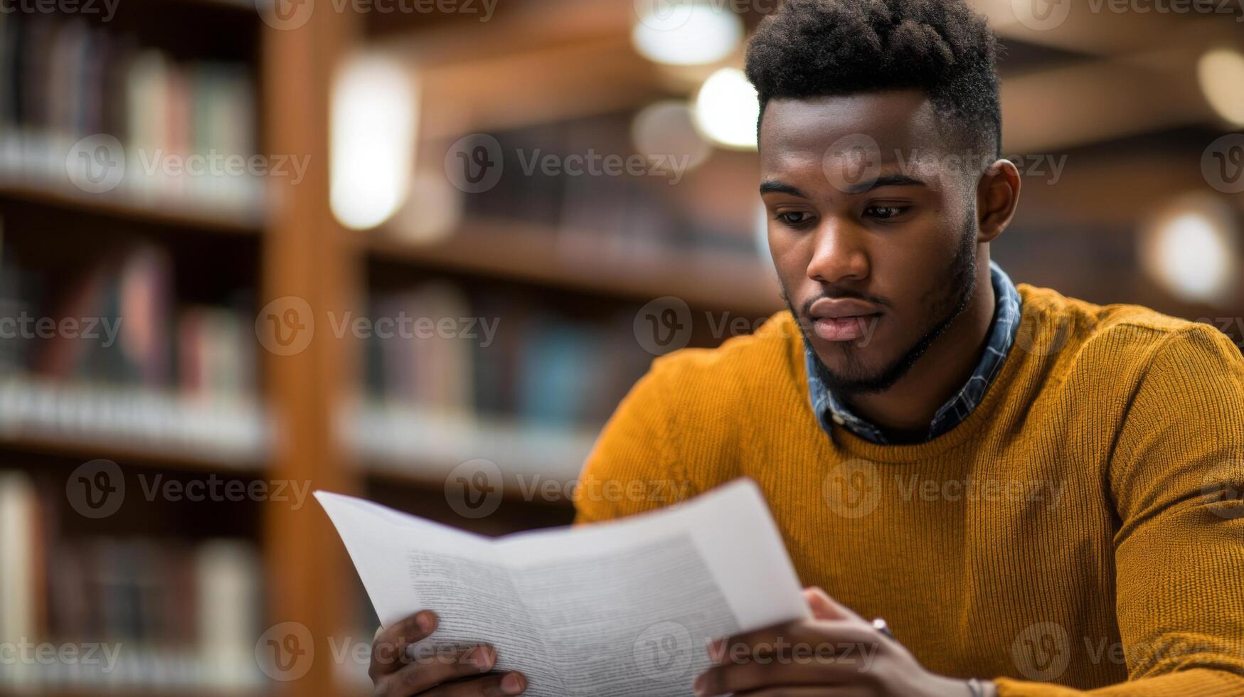 A Young Man in a Yellow Sweater Reads a Book in a Library photo