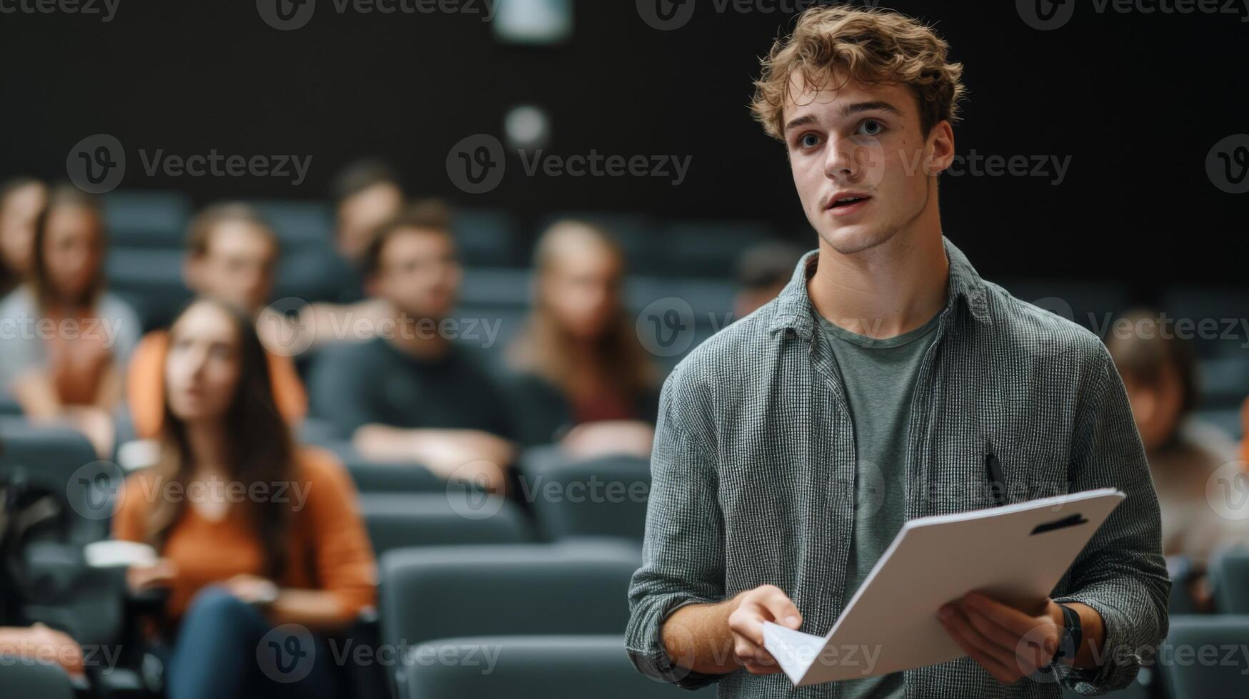 Young Man Holding a Document in a Lecture Hall photo