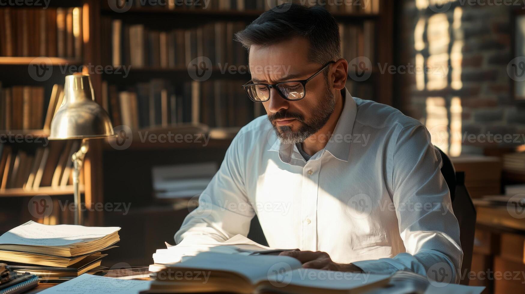 A Man in a White Shirt Reads a Book in a Library photo