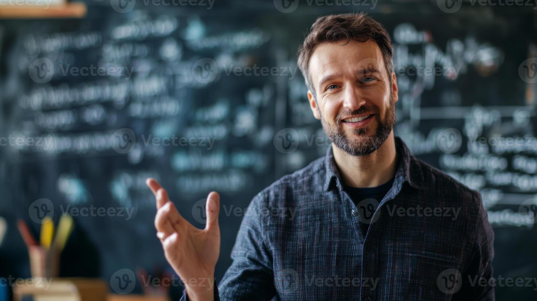 Smiling man with a beard, gesturing in front of a chalkboard with mathematical equations photo