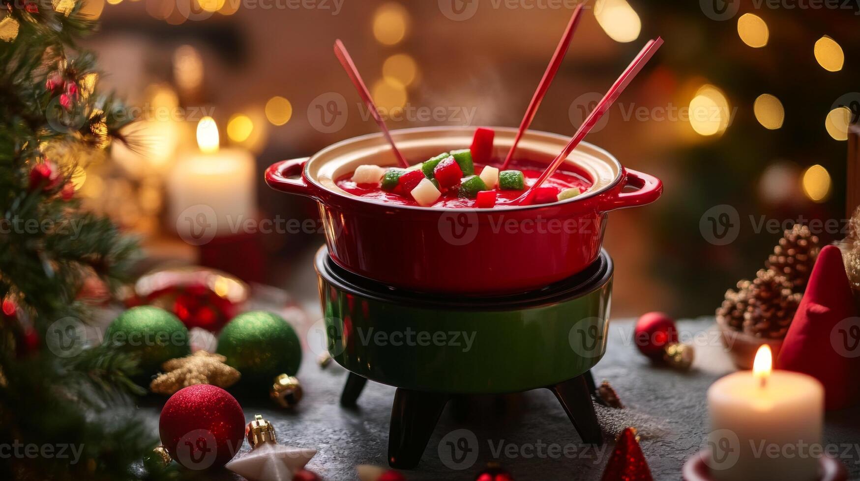 Red Fondue Pot with Fruit and Dipping Sticks on a Festive Table photo