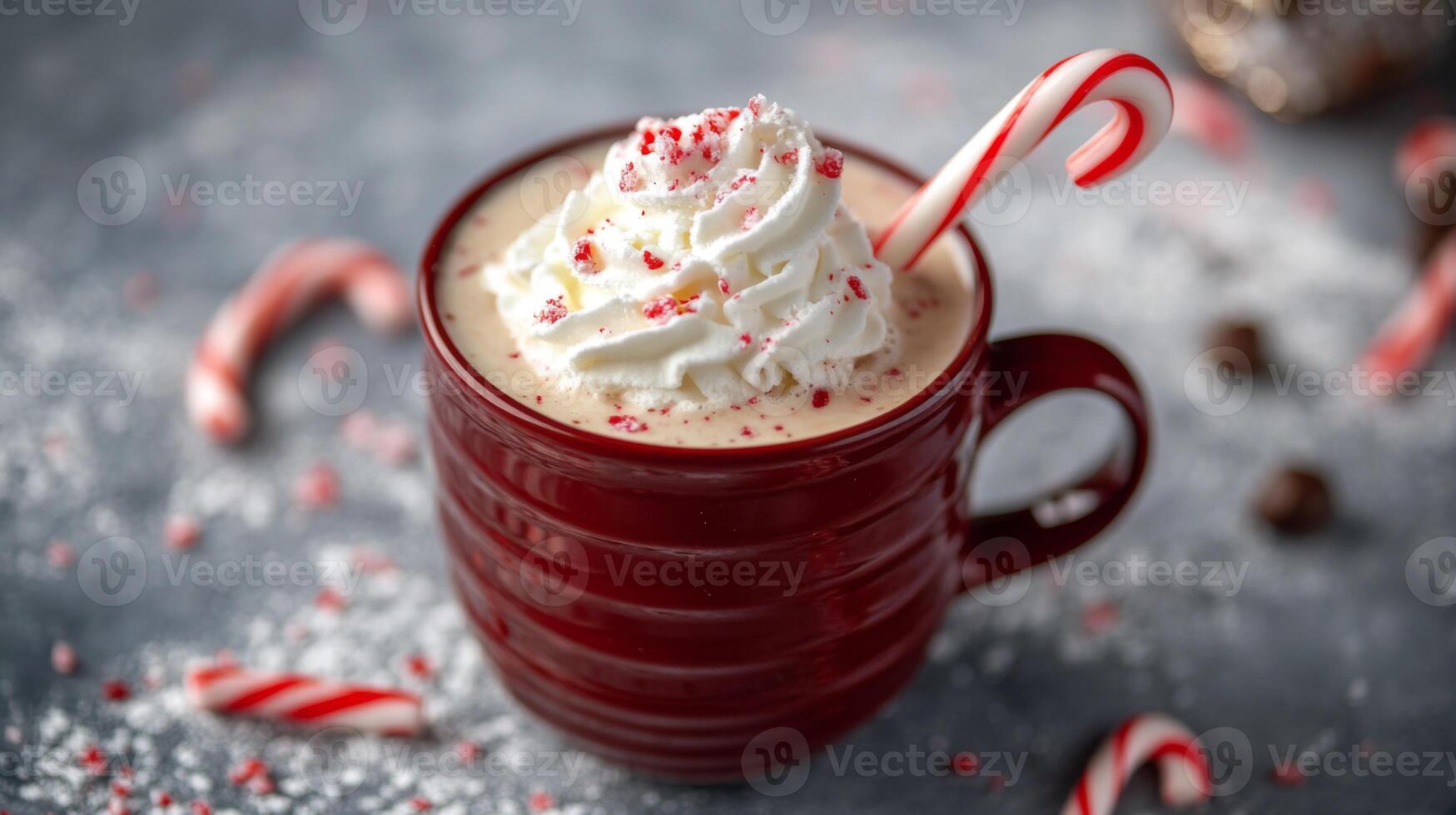 Peppermint Mocha in Red Mug with Whipped Cream and Candy Cane photo