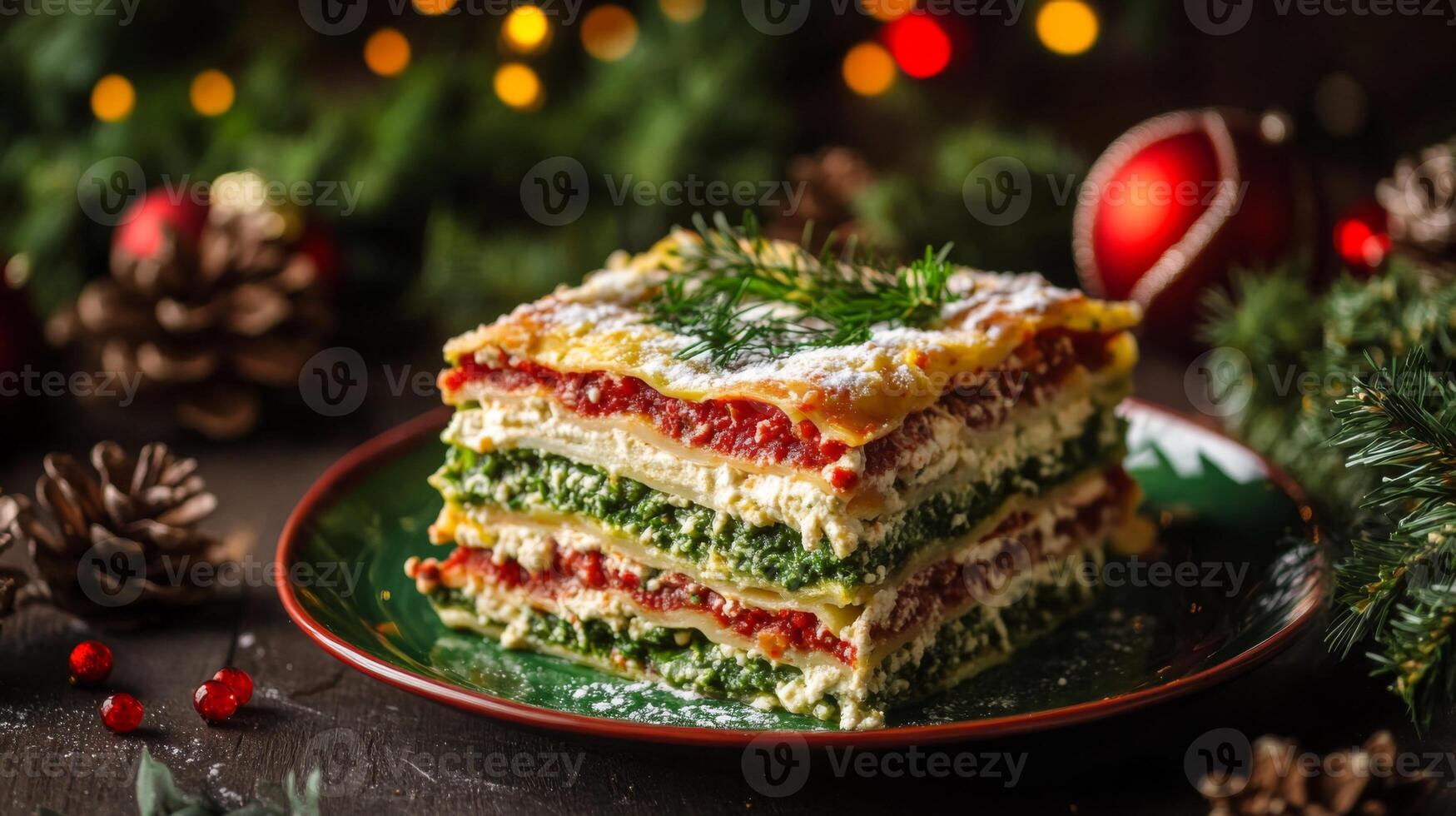 Spinach and Ricotta Lasagna with Tomato Sauce on a Green Plate photo