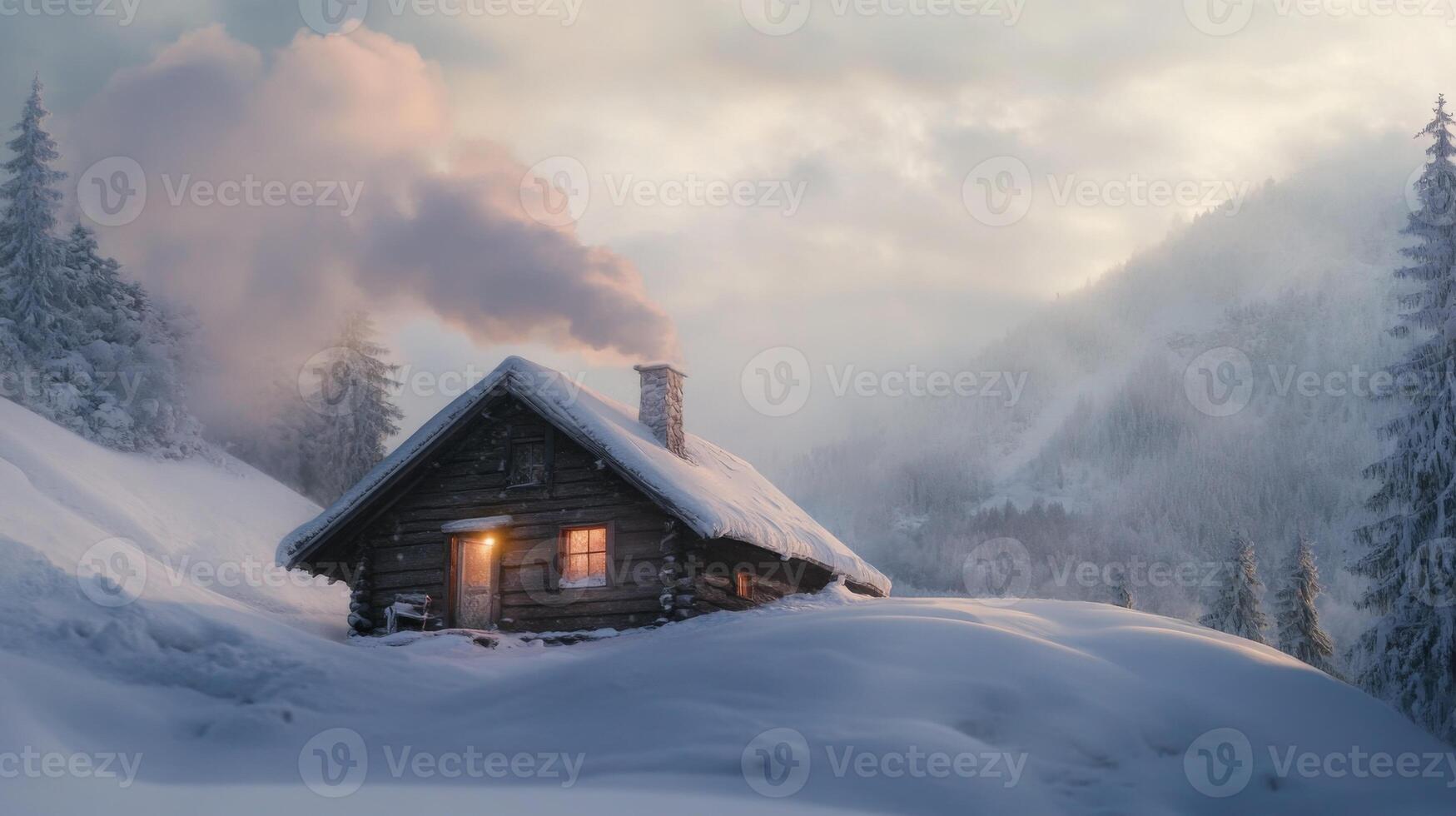 A Cozy Cabin in the Snowy Mountains with Smoke Rising from the Chimney photo