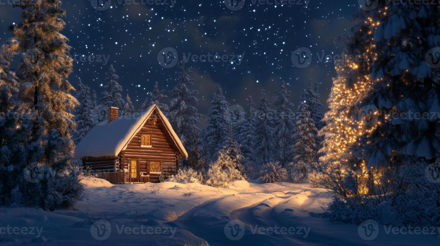 A Snowy Cabin Illuminated by Christmas Lights in a Starry Night Forest photo