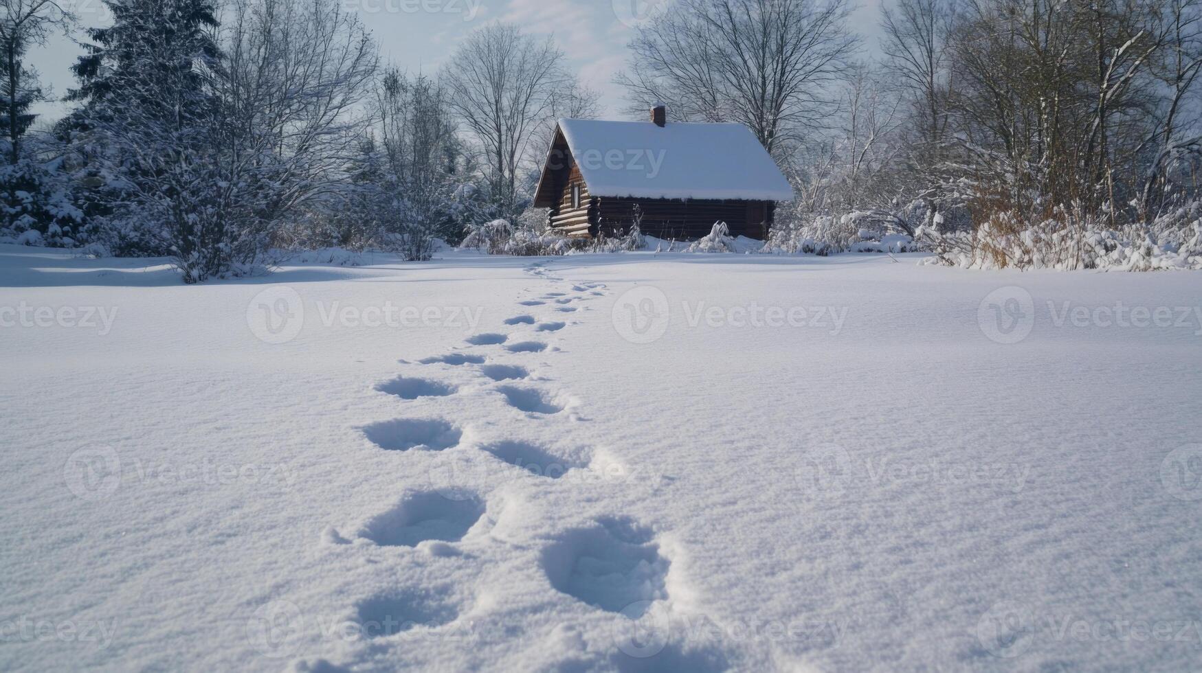 Footprints in the Snow Leading to a Cabin in the Woods photo