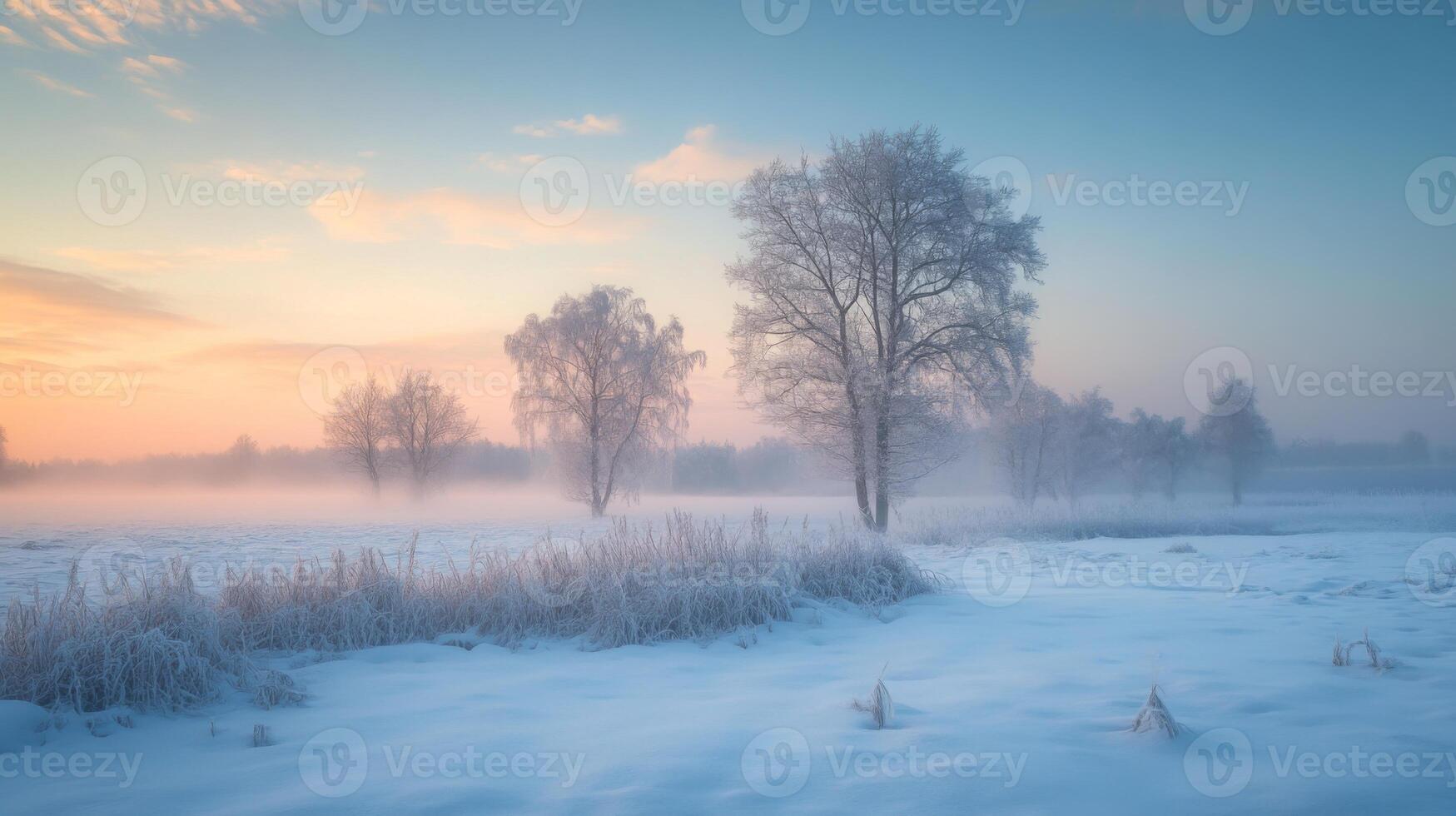 Frosty Trees and Fog in a Snowy Winter Landscape photo