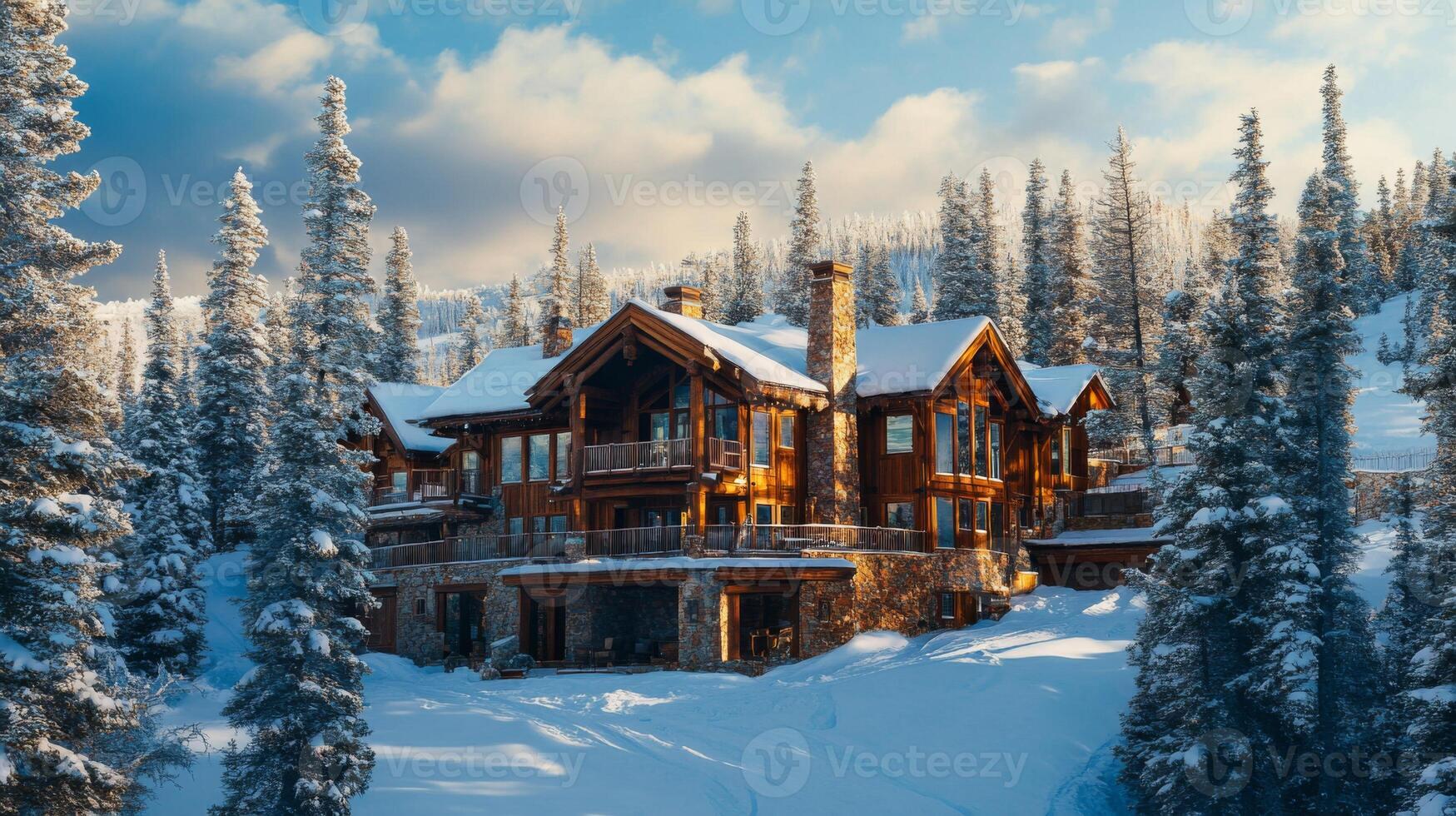 A Cozy Log Cabin Nestled Amidst a Snowy Mountain Forest photo