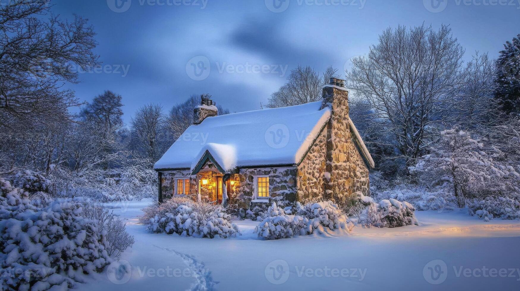 A Cozy Stone Cottage Bathed in Winter's Embrace photo