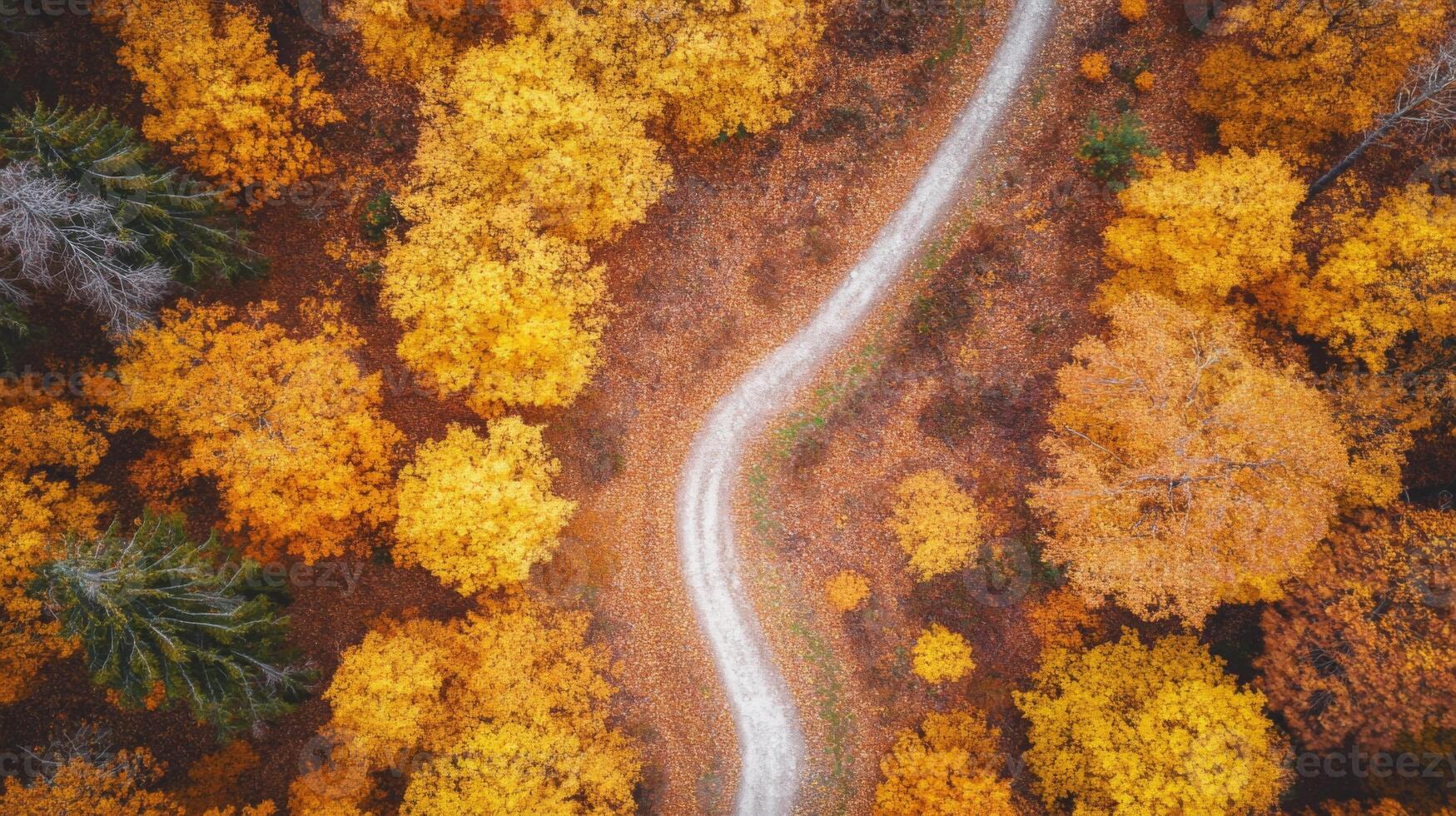 Aerial View of a Winding Path Through Autumnal Forest photo