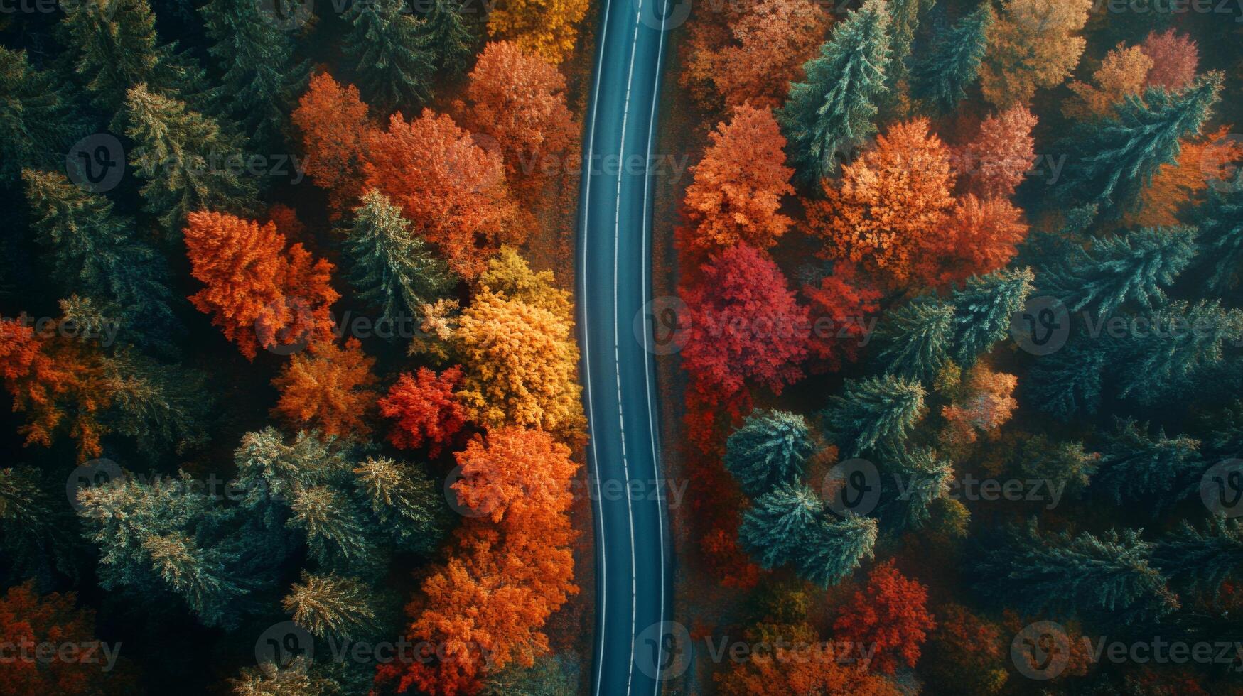 Aerial View of Winding Road Through Autumn Forest photo