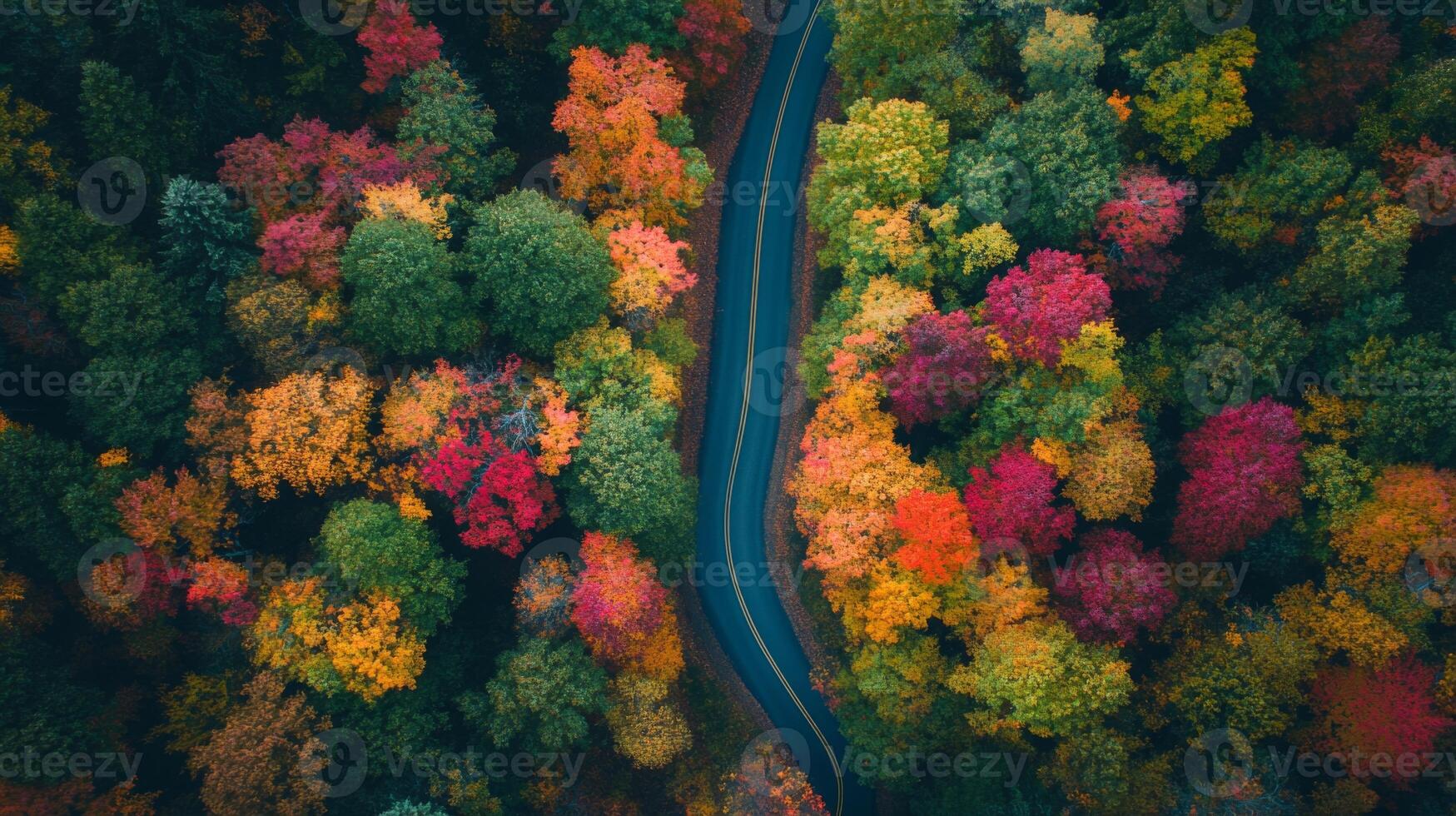 Aerial View of a Winding Road Through a Forest in Autumn photo