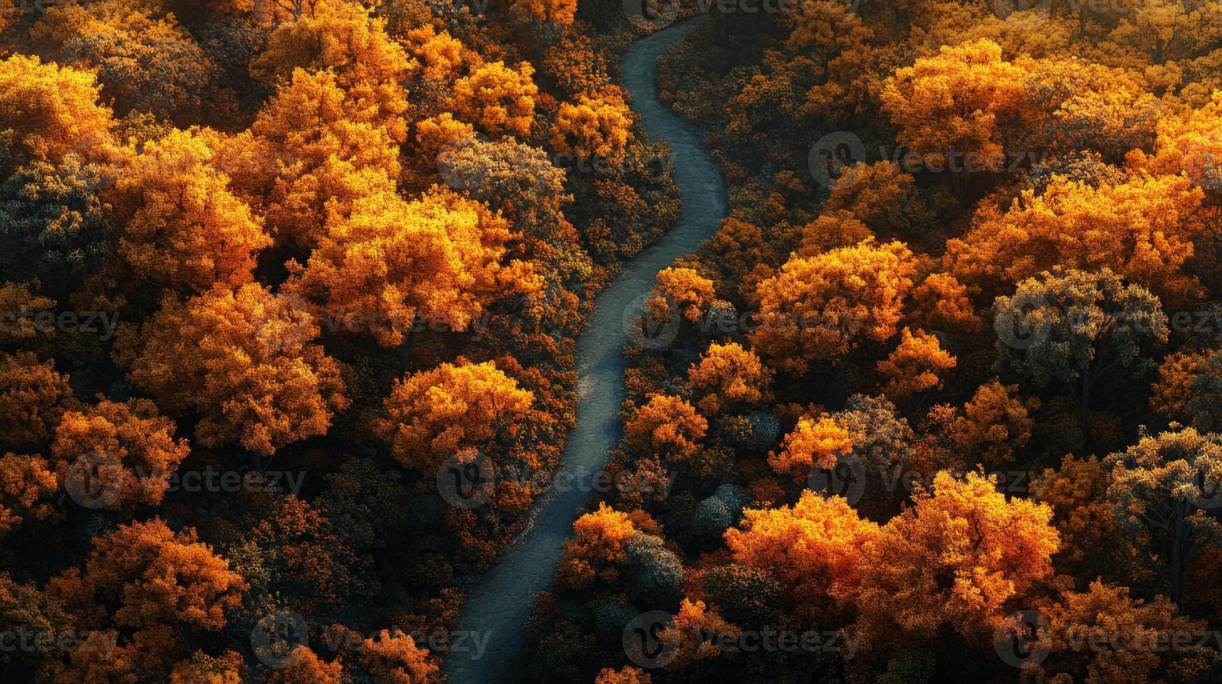 Aerial View of a Winding Path Through an Autumnal Forest photo