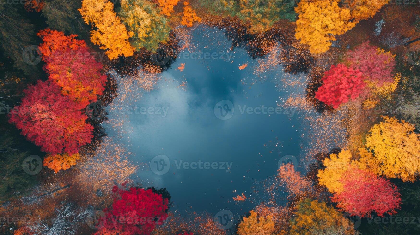 Aerial View of Autumn Forest with a Pond in the Center photo
