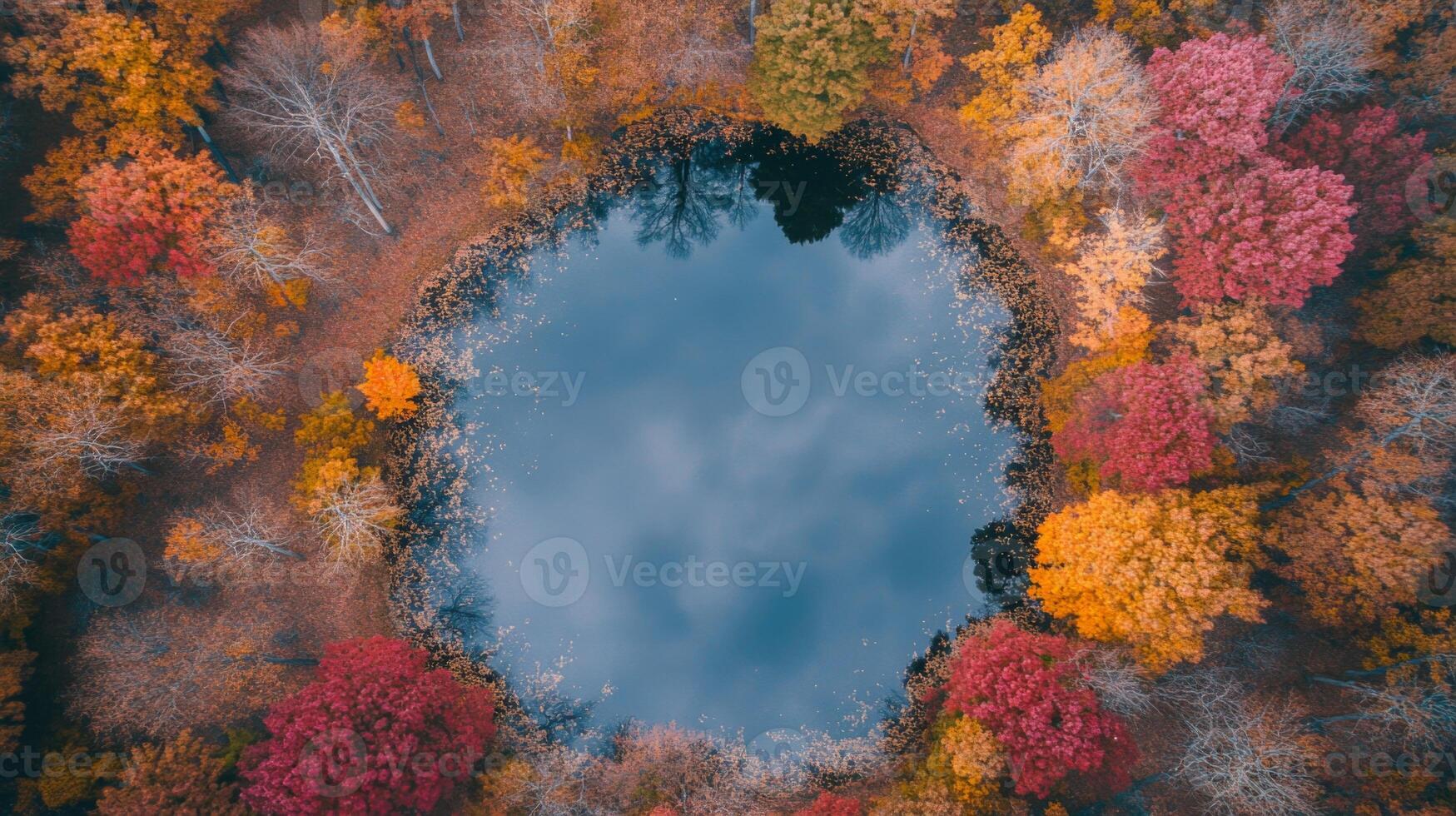 Aerial View of a Circular Lake Surrounded by Vibrant Autumn Foliage photo