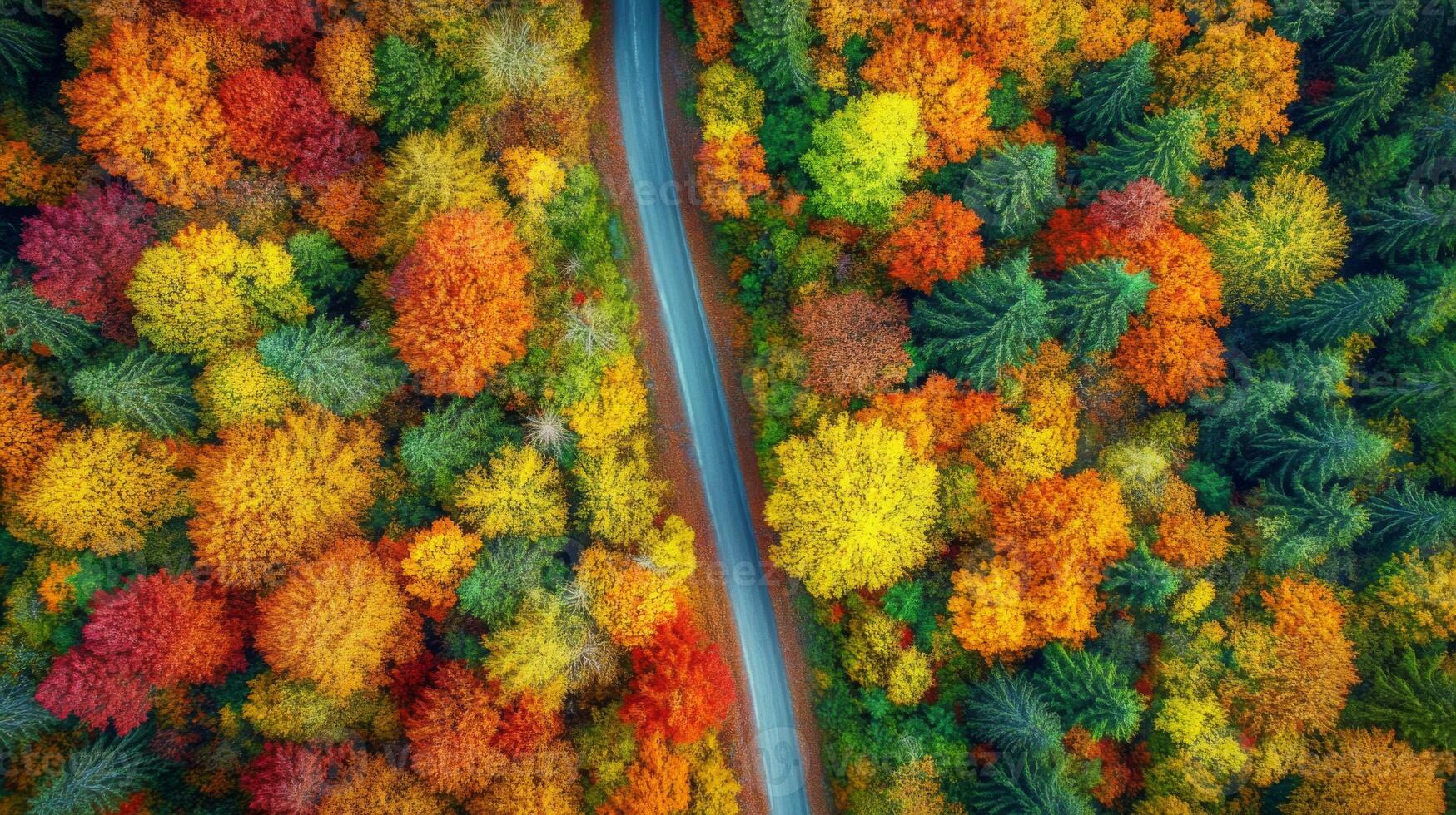 Aerial View of a Winding Road Through a Forest in Autumn photo