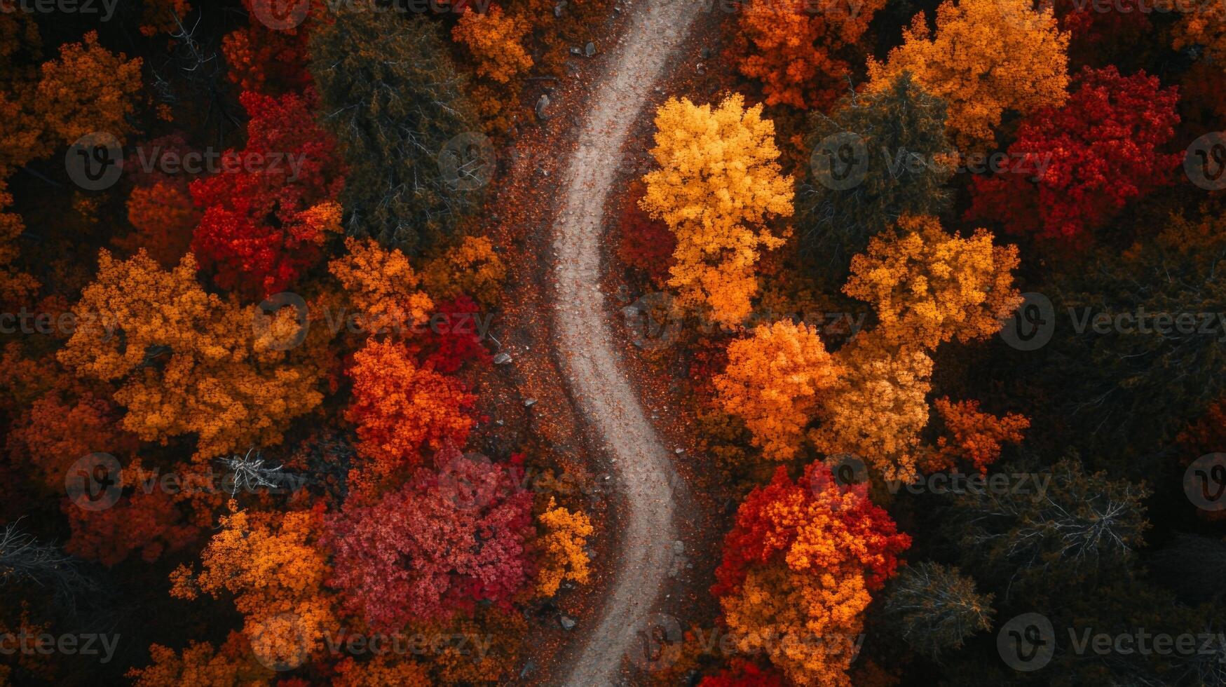 Aerial View of a Winding Path Through a Forest with Vibrant Autumn Foliage photo