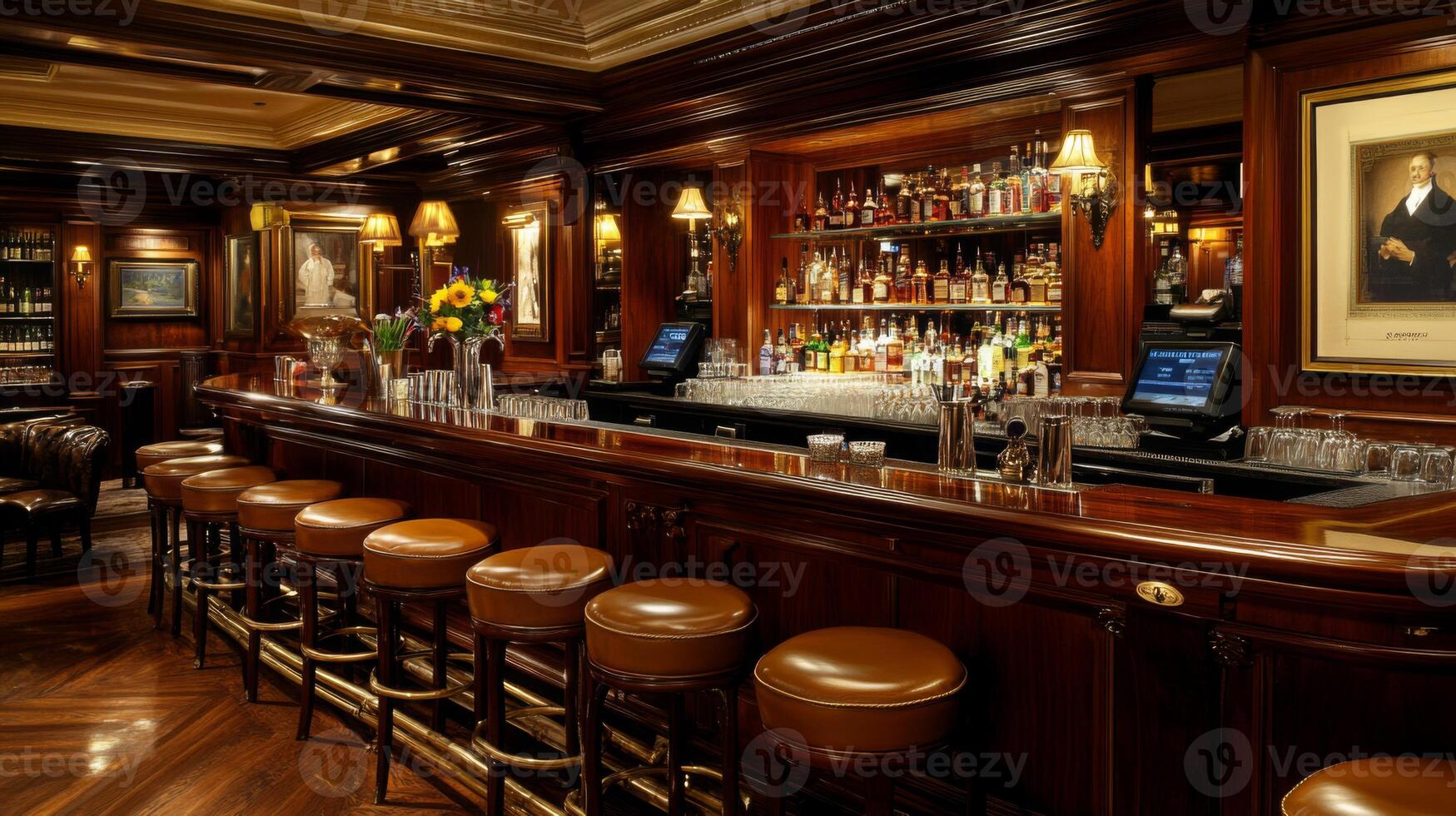 A Luxurious Bar Interior with Dark Wood, Leather Stools, and a Back Bar with Liquor Bottles photo