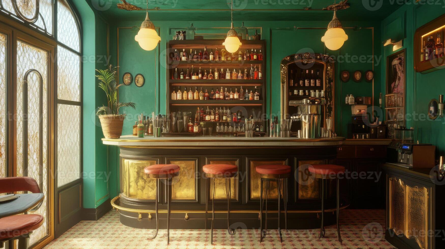 Green-walled bar with ornate gold trim and a variety of liquor bottles on shelves photo