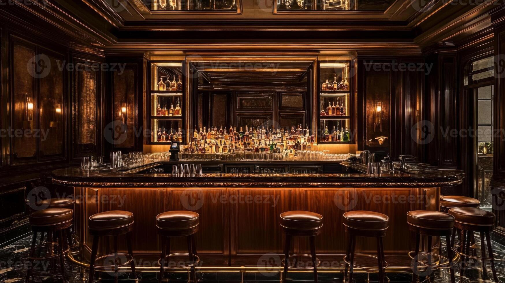 Elegant Bar Interior with Wooden Stools and Bottles on Display photo
